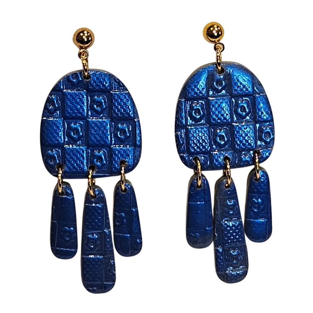 Checkerboard Flower Embossed Polymer Clay Dangle Earrings Boho Festival Casual